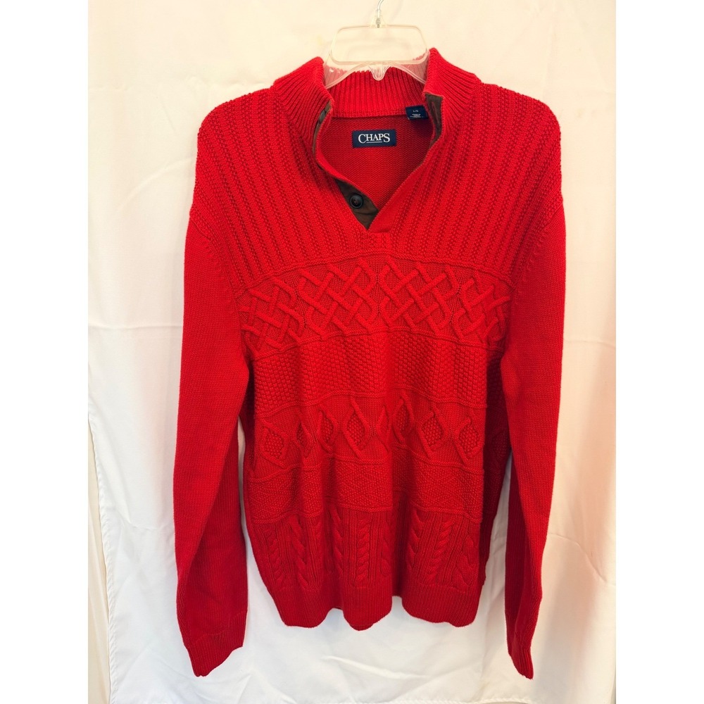 Chaps Mens Red Cable Knit Mock Neck Button Pullover Sweater Large Cotton Solid
